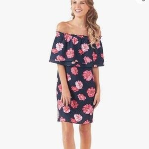 Mud Pie Navy Blue Off-shoulder Floral Dress Size Large NWT